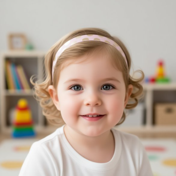 A young child with blonde hair wearing a light pink polka dot cochlear implant hearing aid headband