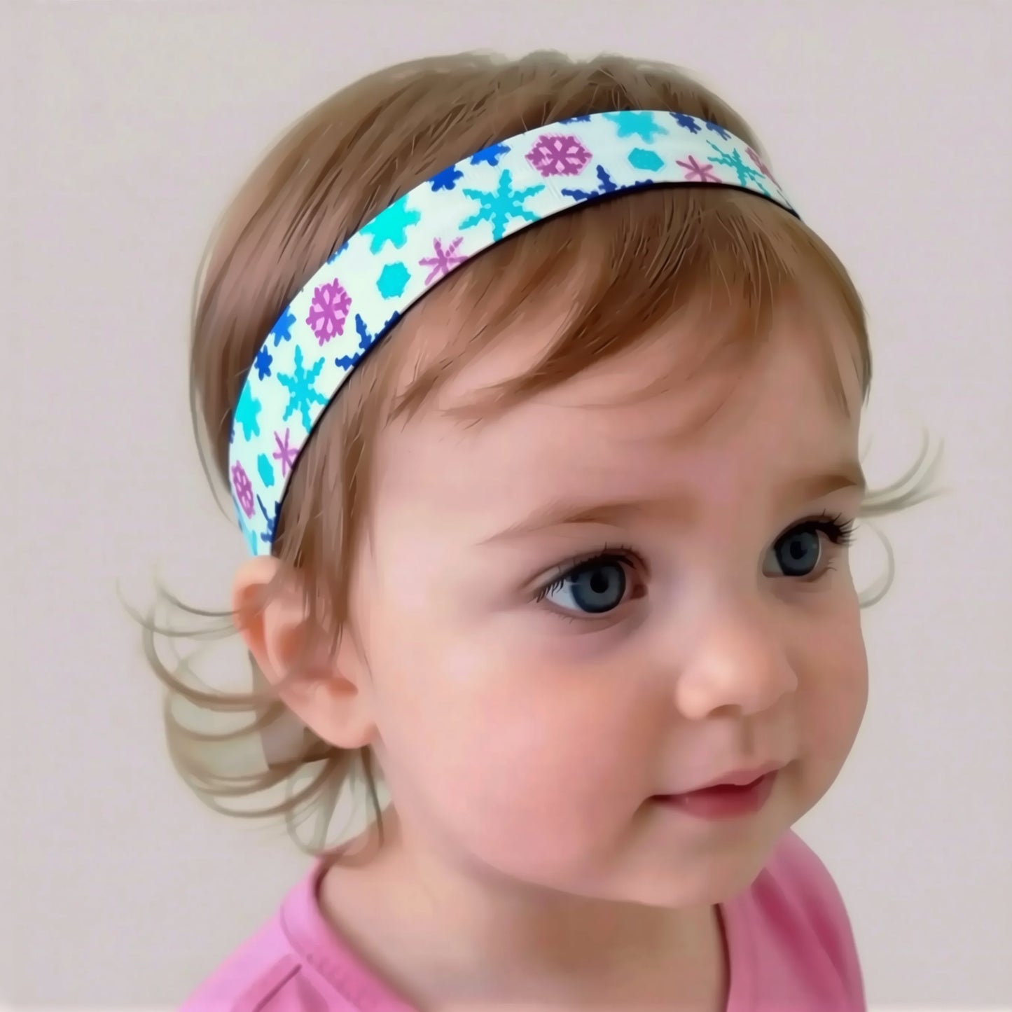 A close-up of a young child wearing a Ponto Baha hearing aid cochlear implant headband with a colourful snowflake pattern in blue, pink, and purple