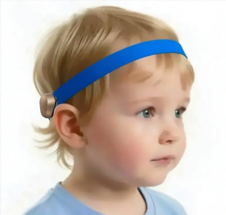 A close-up of a young child wearing a bright blue cochlear implant headband with a small metallic earpiece attached near the ear, against a plain light background.