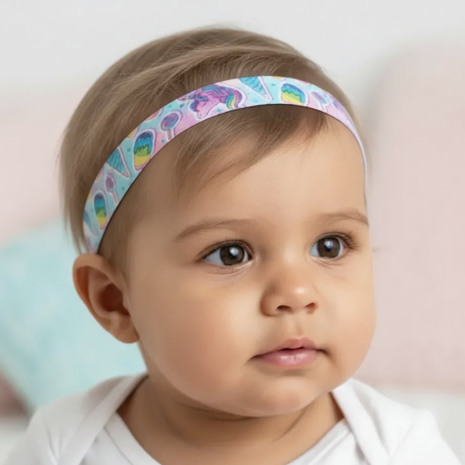 A close-up of a baby wearing a cochlear implant headband with a pastel multicolor pattern of ice cream cones and swirls, set against a soft, light pink background.