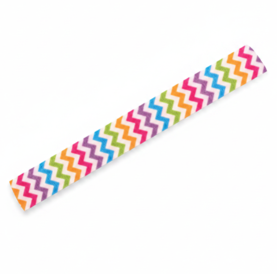 A long, narrow rectangular item with a repeating multicolor chevron pattern on a white base, photographed on a plain white background.