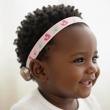 A close-up of a smiling young child with curly dark hair wearing a light pink duck softband with ponto baha hearing device attached