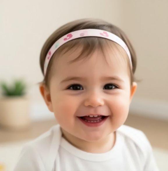 A close-up of a smiling baby wearing a fabric cochlear implant headband with pink duck patterns.