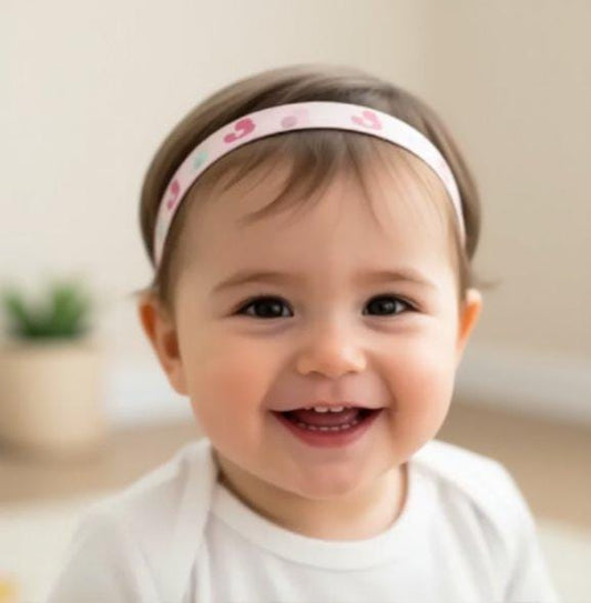 A close-up of a smiling baby wearing a fabric cochlear implant headband with pink duck patterns.