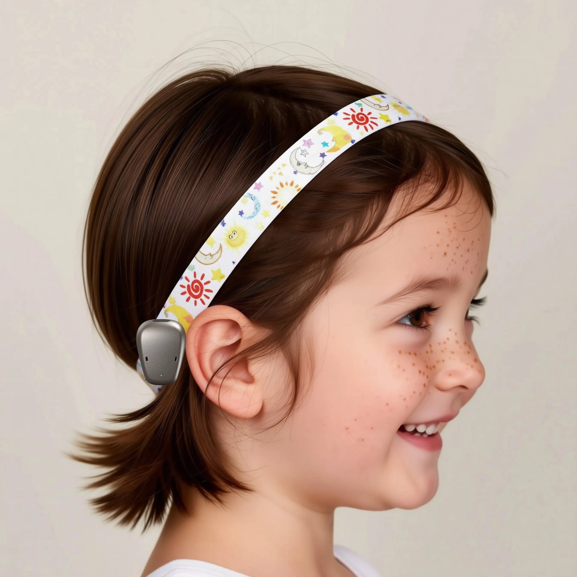 A young child in profile wearing a white cochlear implant headband with a colourful sun and moon pattern on white background.
