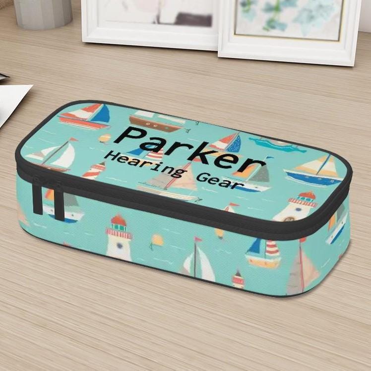 Personalised Hearing Aid Storage Case | Custom Name Carry Case with Unique Printed Design | Travel Box | Sail Boats