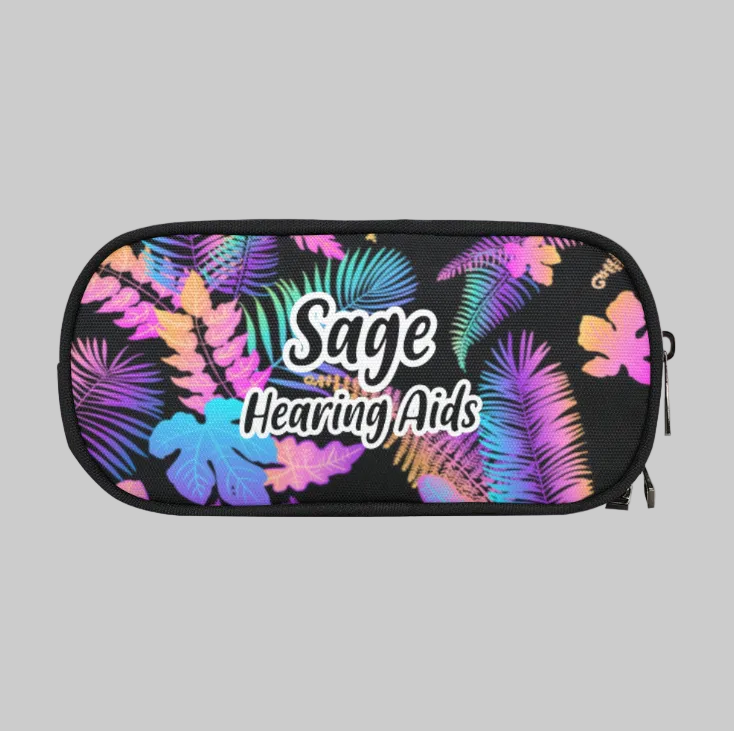 A black zippered storage case featuring a vibrant, multicolored tropical leaf pattern in pink, purple, blue, and orange. The words 'Sage Hearing Aids' are printed in white across the center.