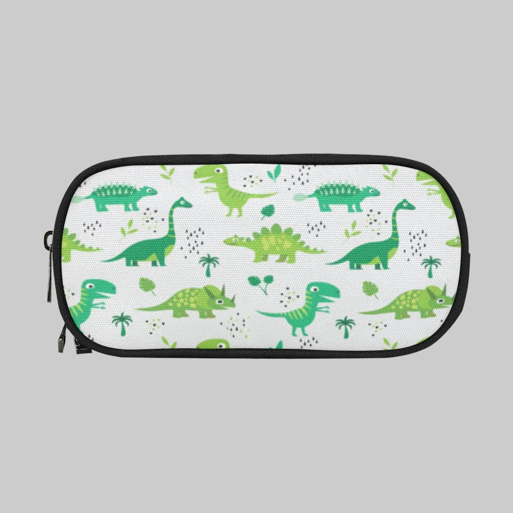 A zippered storage case with a white background and a green dinosaur pattern, featuring black trim and zipper pulls, for cochlear implant hearing aid Ponto BAHA devices.