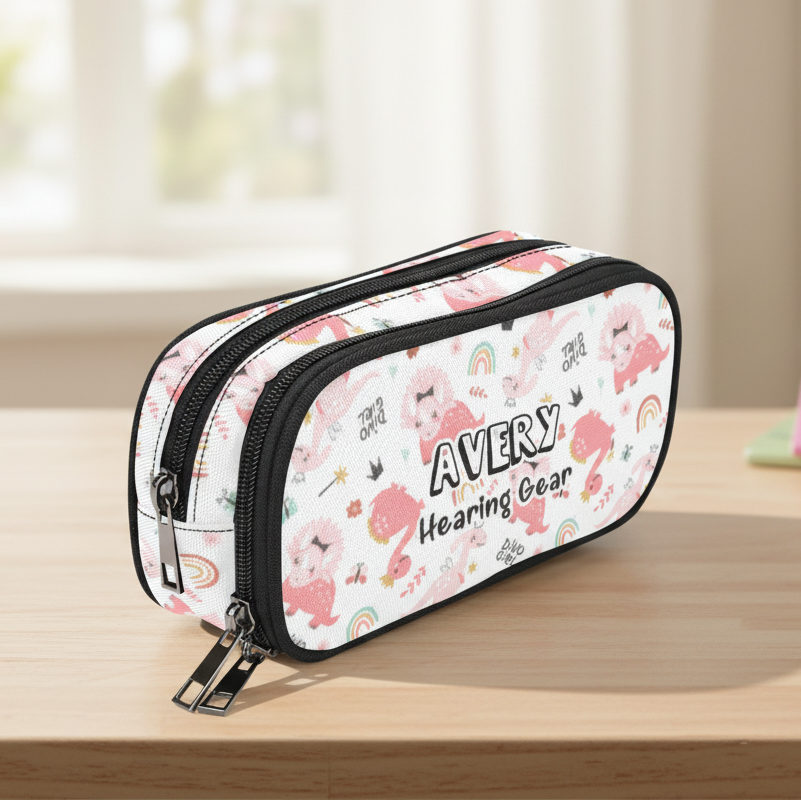 Personalised Storage Case for Cochlear Implants, Hearing Aids, Baha Devices - Pink Dinosaur