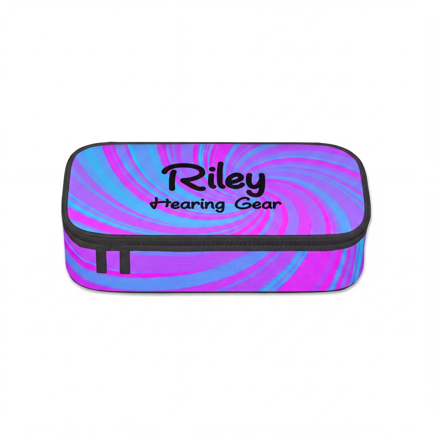 A colourful, spiral-patterned bag pouch  for cochlear implant or hearing aids with the name Riley Hearing Gear printed on it.