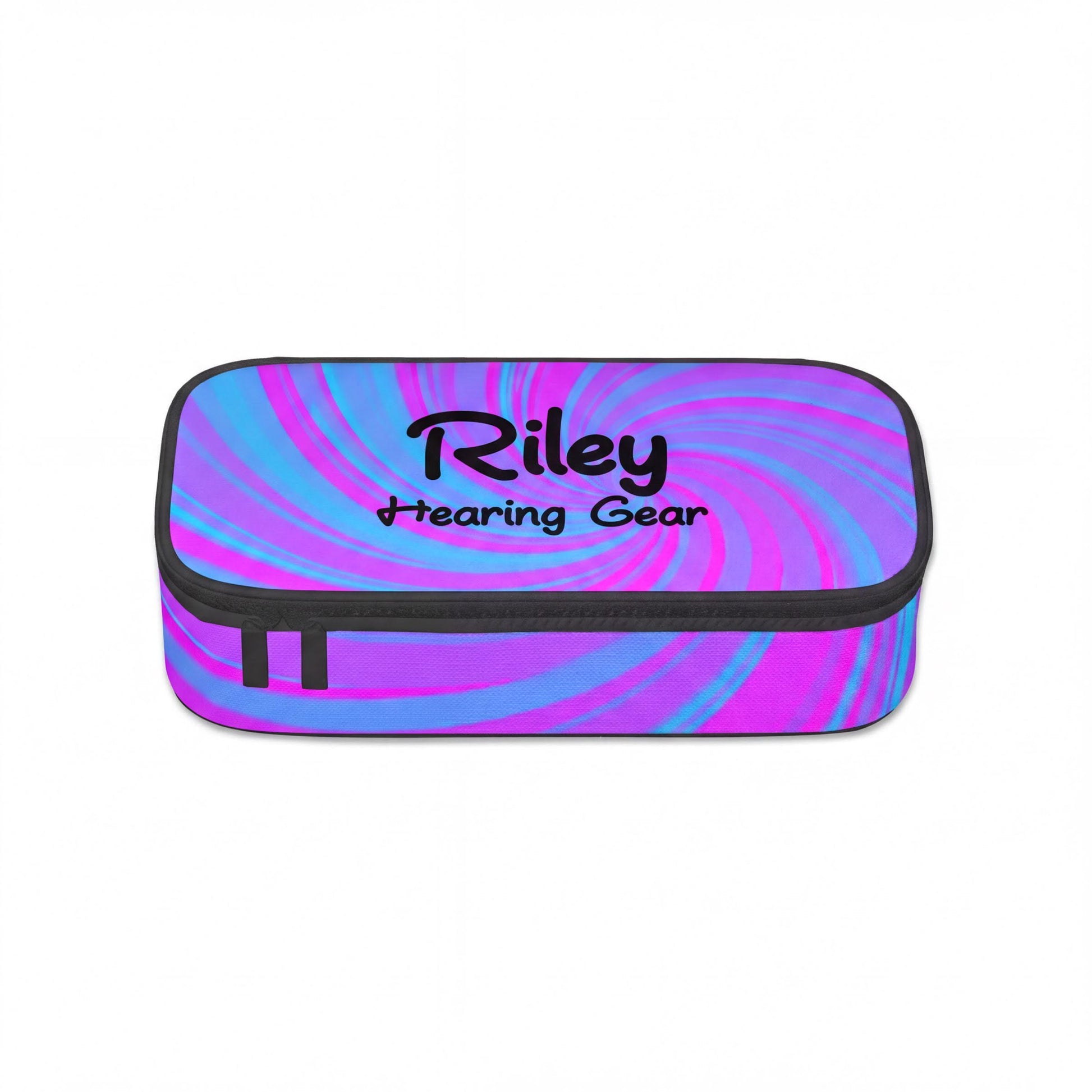 A colourful, spiral-patterned bag pouch  for cochlear implant or hearing aids with the name Riley Hearing Gear printed on it.
