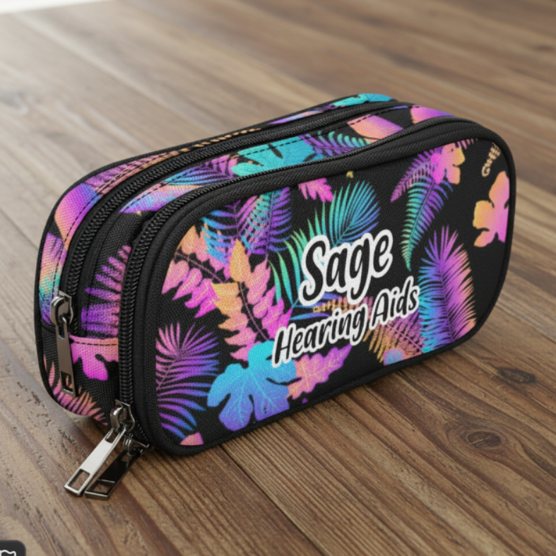 A zippered dual-compartment cochlear implant case with a vibrant tropical leaf pattern in pink, purple, blue, and green on a black background. The front features the text 'Sage Hearing Aids' in white.