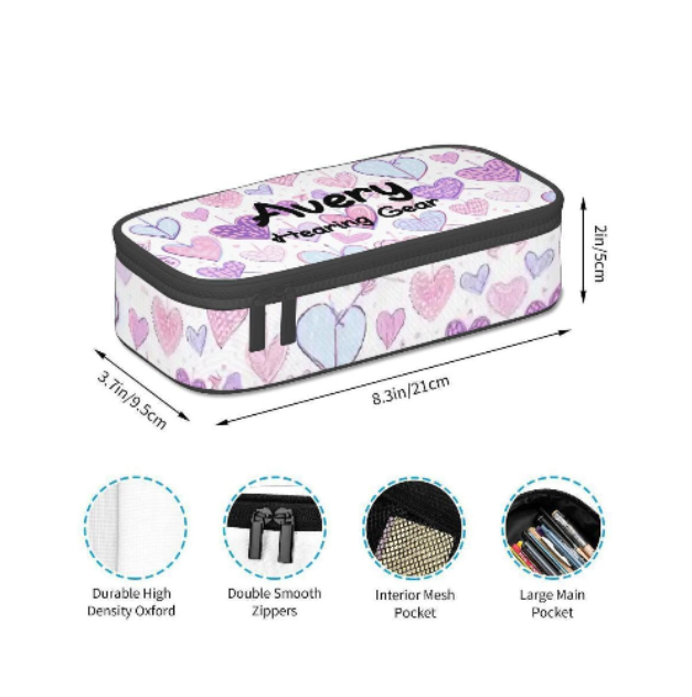 A rectangular zippered storage pouch for hearing aids or cochlear implants, with a white background and a heart pattern in purple, pink, and light blue. 