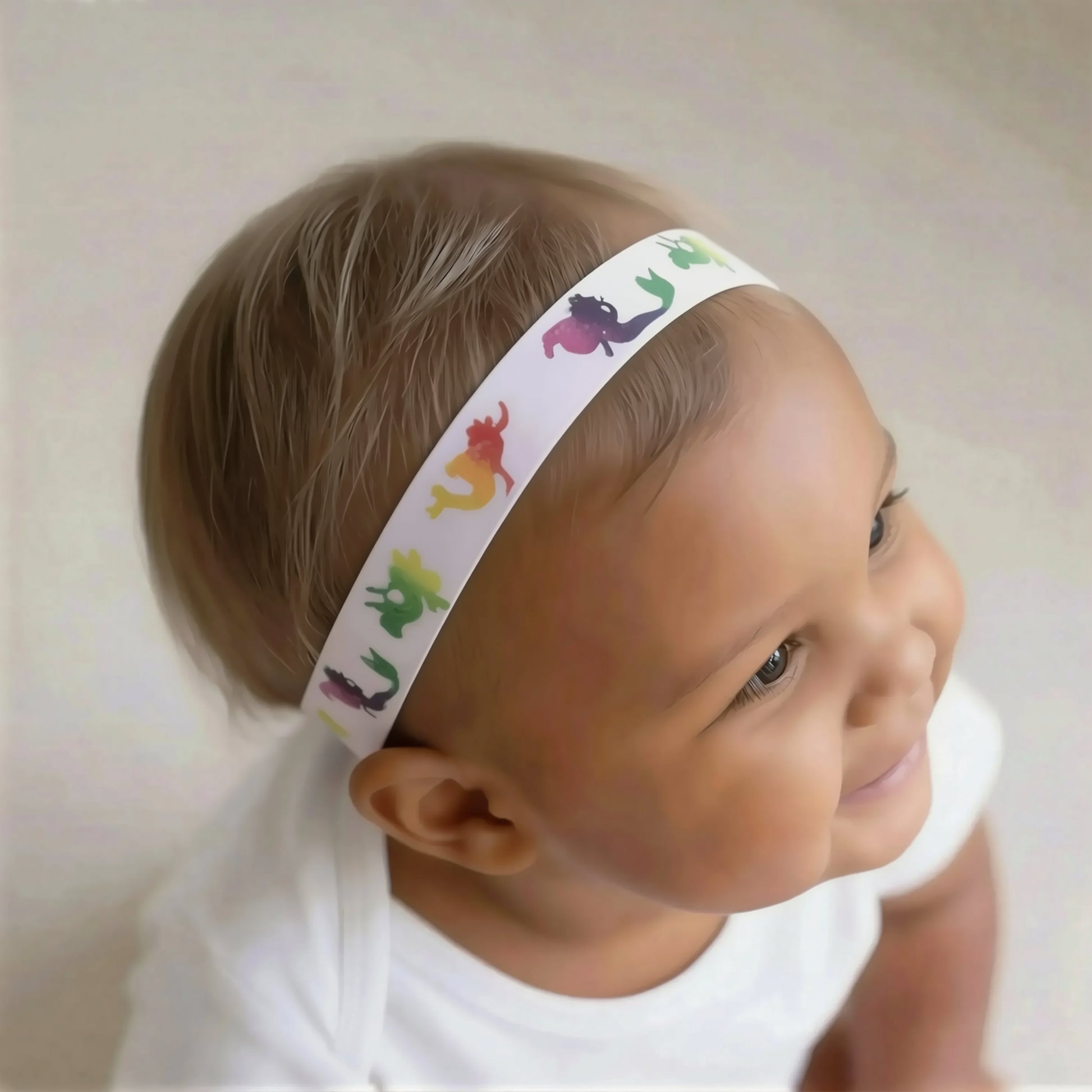 A close-up of a baby wearing a white fabric hearing aid headband decorated with colourful mermaid illustrations, set against a soft beige background.