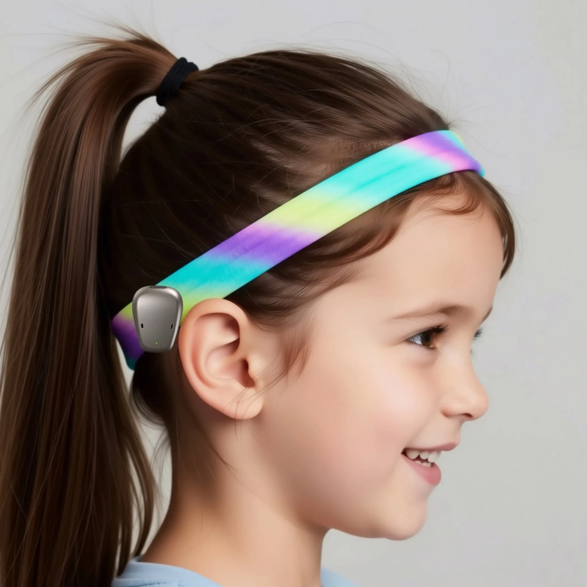 A young girl with a brown ponytail is shown in profile wearing a colourful, ponto baha softband hearing aid headband