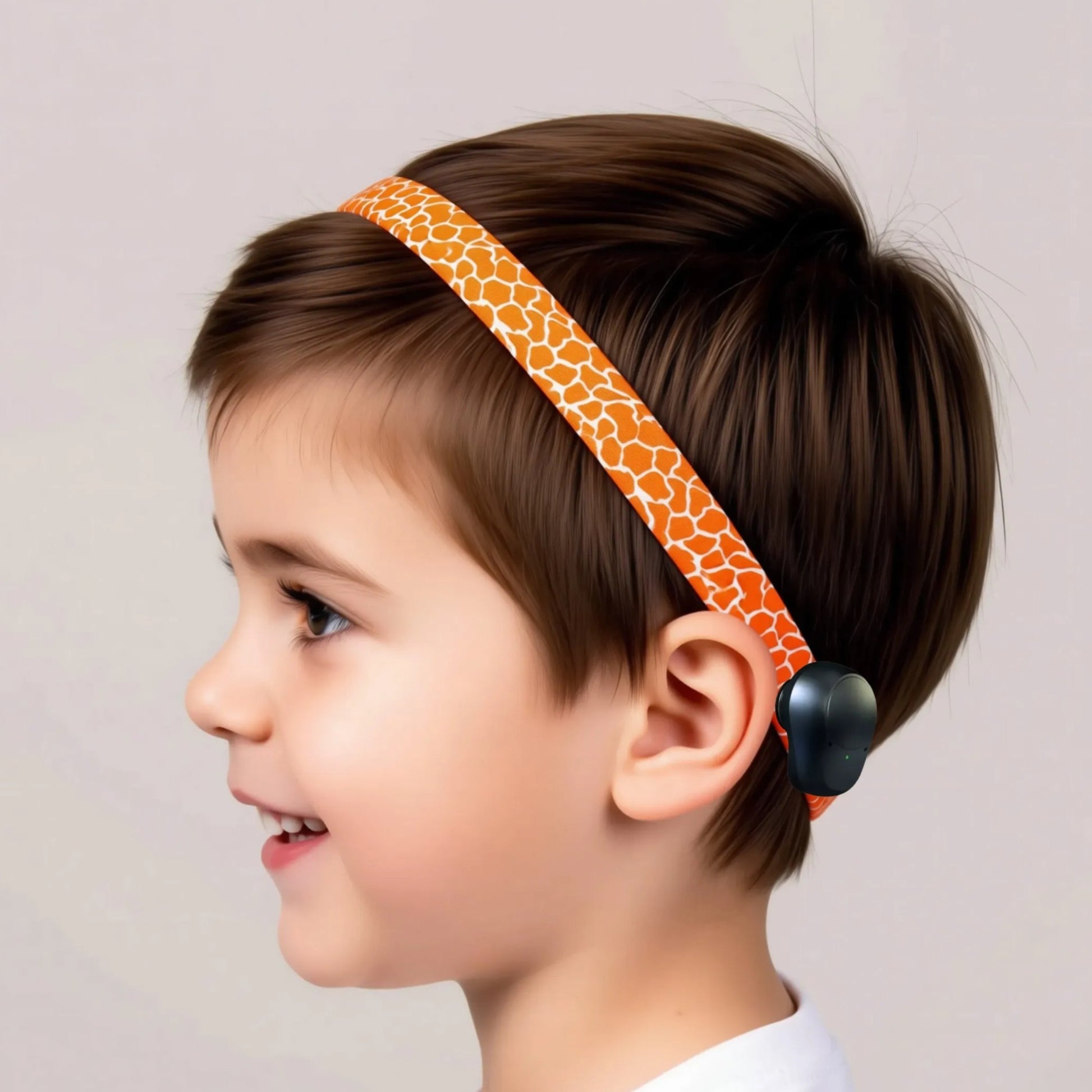 A long, orange and white patterned ribbon or band is shown against a white background.