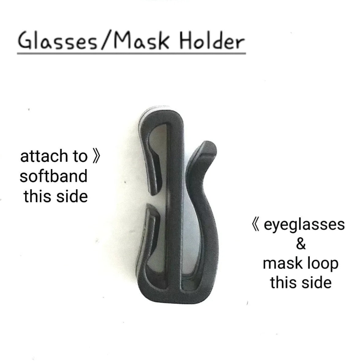 Black plastic glasses and mask holder hook shown on a white background with instructional text indicating how to attach to the softband and eyeglasses/mask loop.