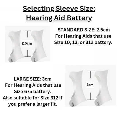 Instructions on selecting sleeve size for hearing aid batteries with measurements and text.
