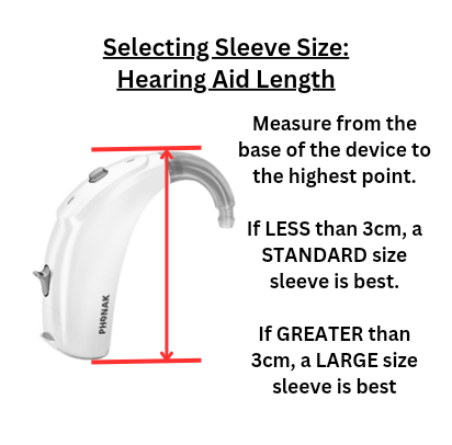 Hearing aid with measurement guide for selecting sleeve size on a white background