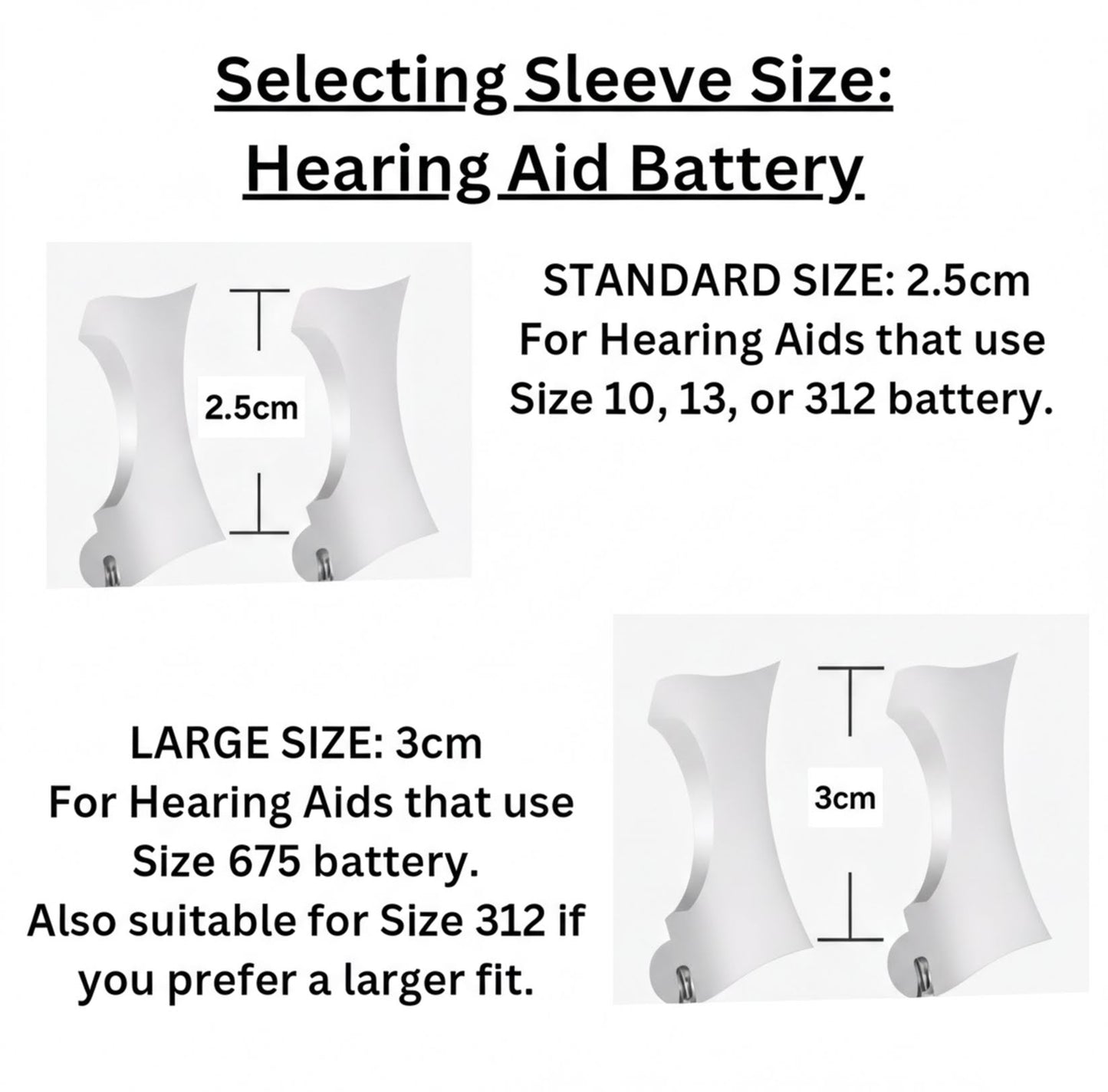 A size guide graphic for hearing aid batteries titled 'Selecting Sleeve Size: Hearing Aid Battery' on a white background. It shows two white battery sleeve illustrations with dimension labels: a standard 2.