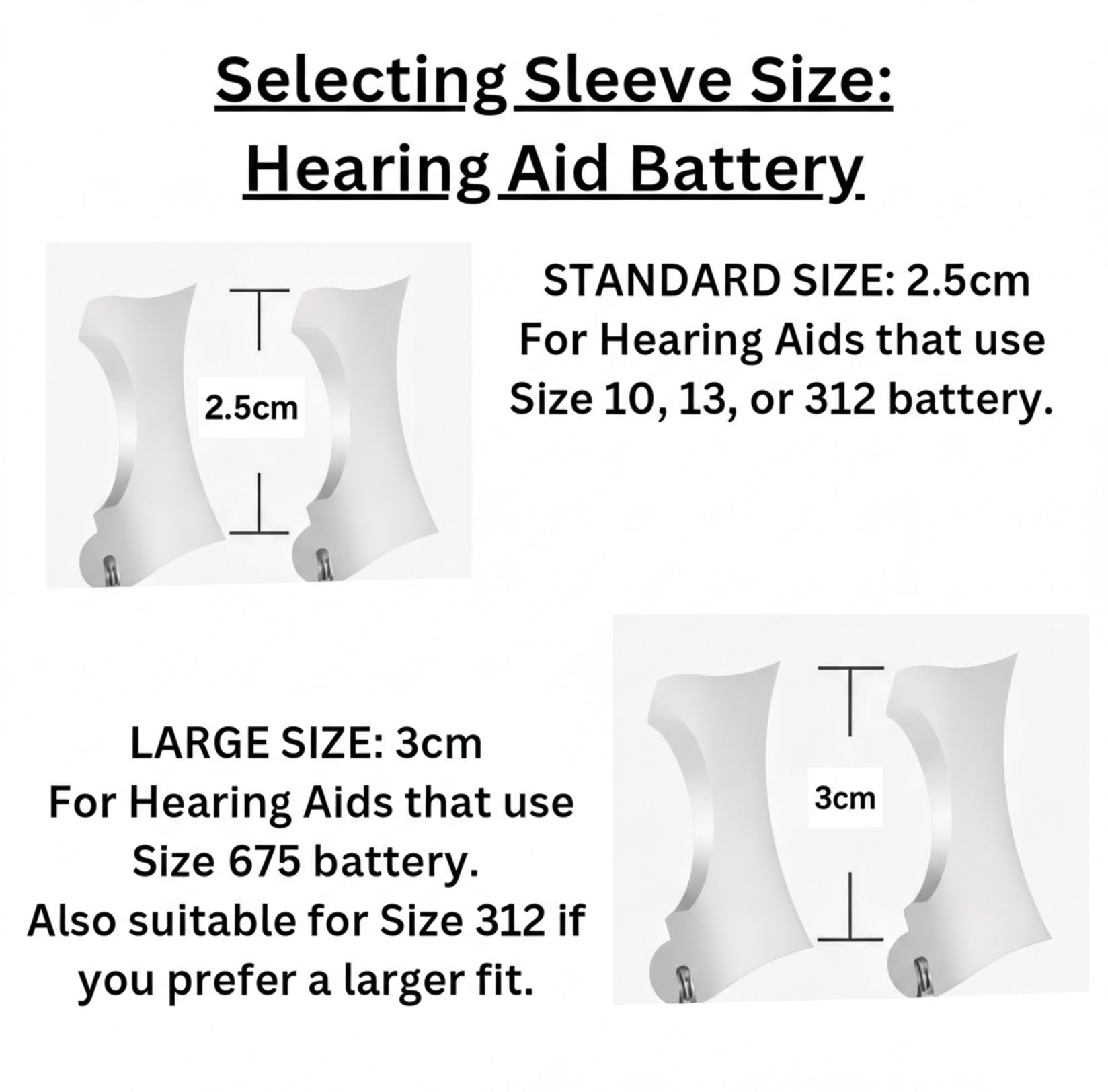 A size guide graphic for hearing aid batteries titled 'Selecting Sleeve Size: Hearing Aid Battery' on a white background. It shows two white battery sleeve illustrations with dimension labels: a standard 2.