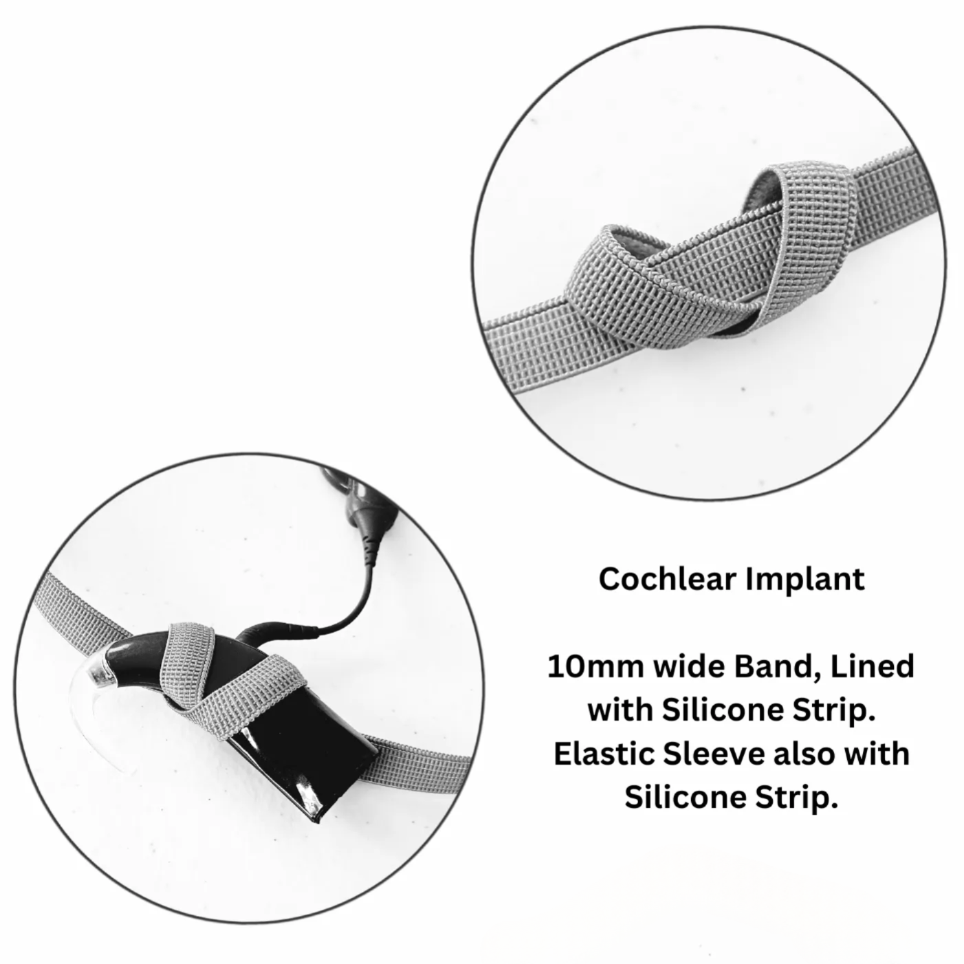 Cochlear implant with a 10mm wide band, lined with silicone strip, shown in two circular detail views on a white background with descriptive text.