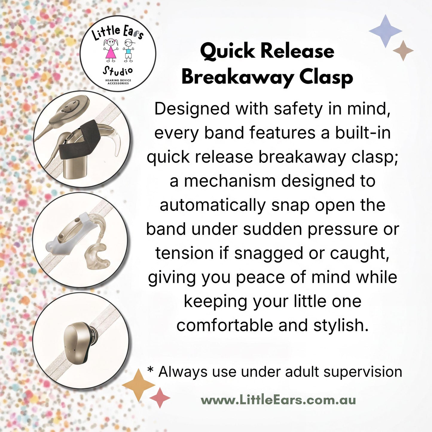 The image is a promotional poster for a breakaway clasp designed with safety in mind. It features a variety of images showcasing the clasp in different positions, highlighting its functionality and ease of use. The text on the poster provides information about the clasp, including its purpose and how to use it.