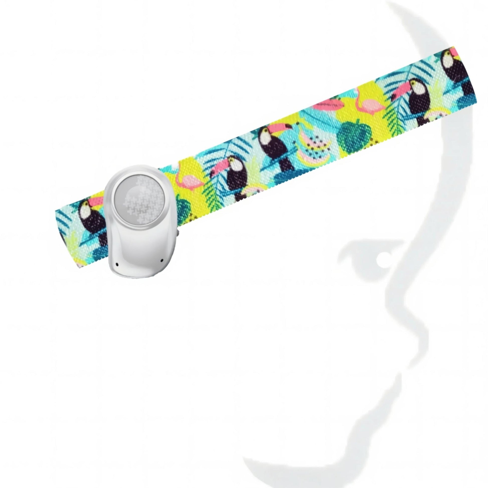 a colorful headband with a pattern of tropical birds, including a toucan, on it.
