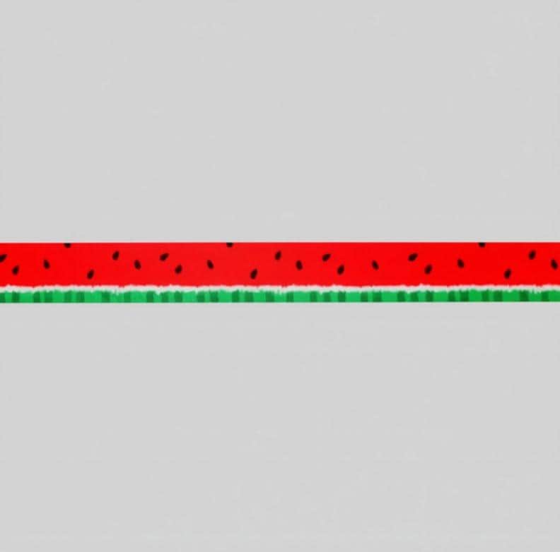 a red watermelon slice with green stripes and black seeds, presented in a simple and minimalistic style.