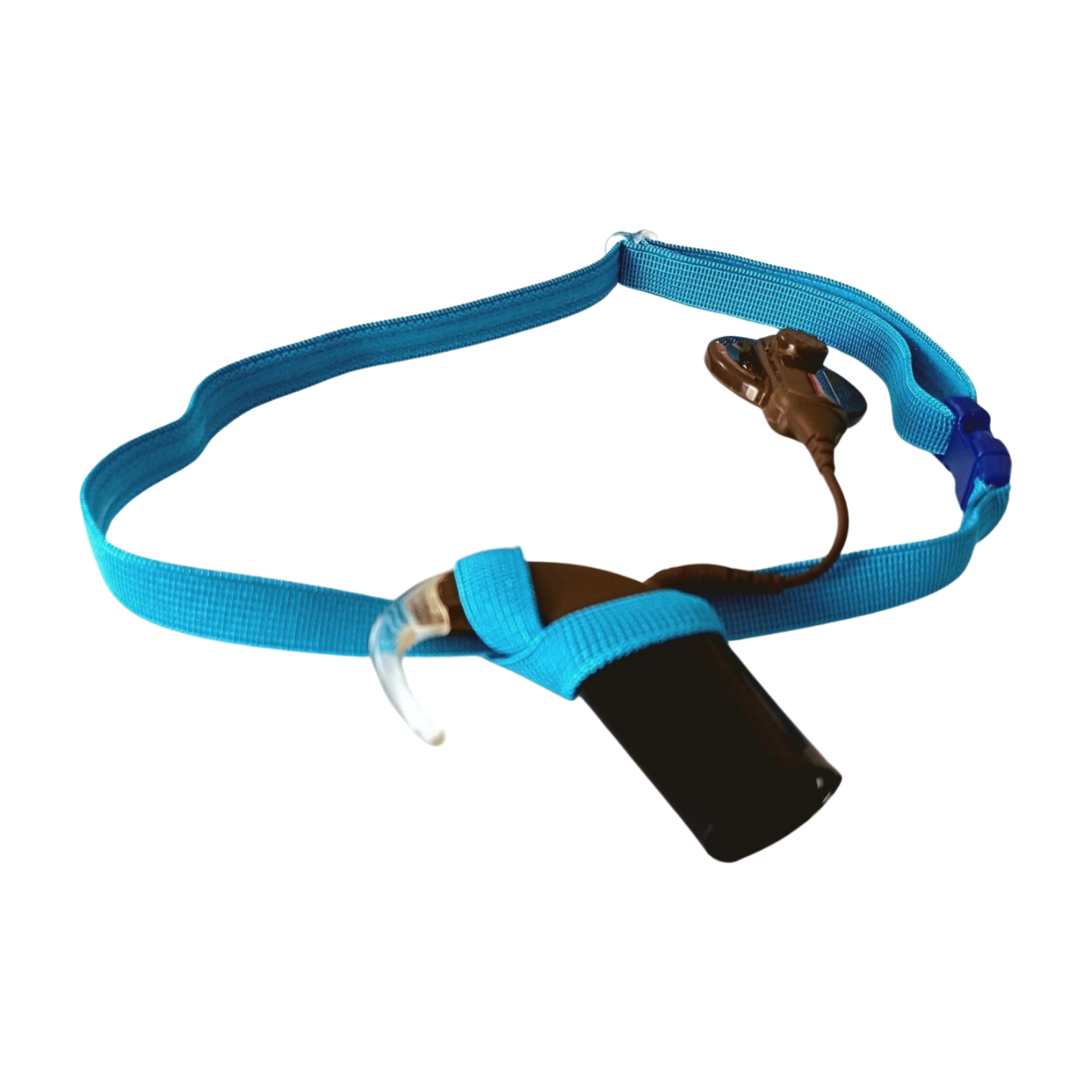 A blue cochlear implant hearing aid headband.