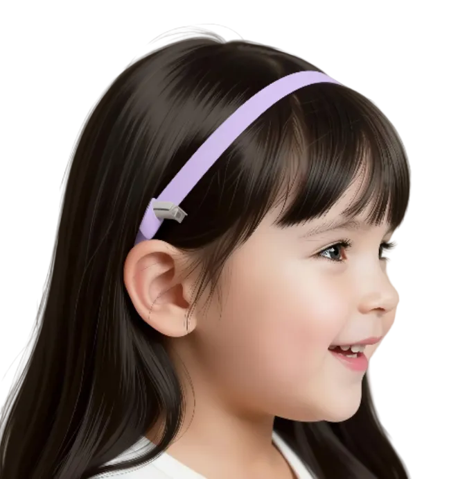 A young girl with long dark hair is shown in profile wearing a light purple cochlear implant headband