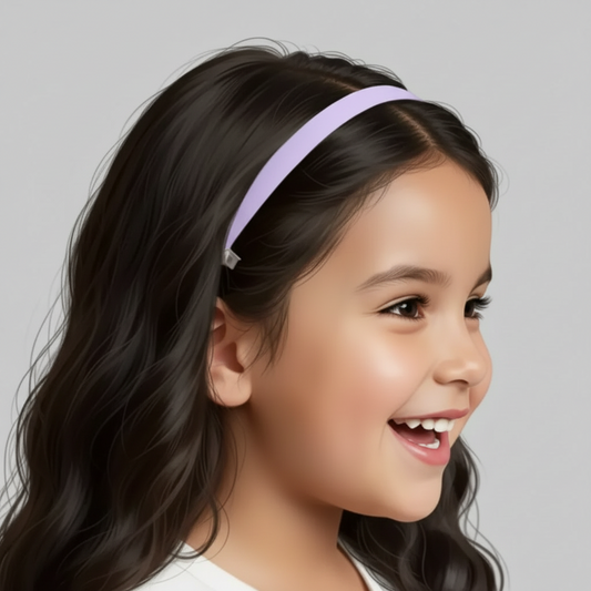 A young child with long dark hair is shown in profile wearing a light purple cochlear implant headband