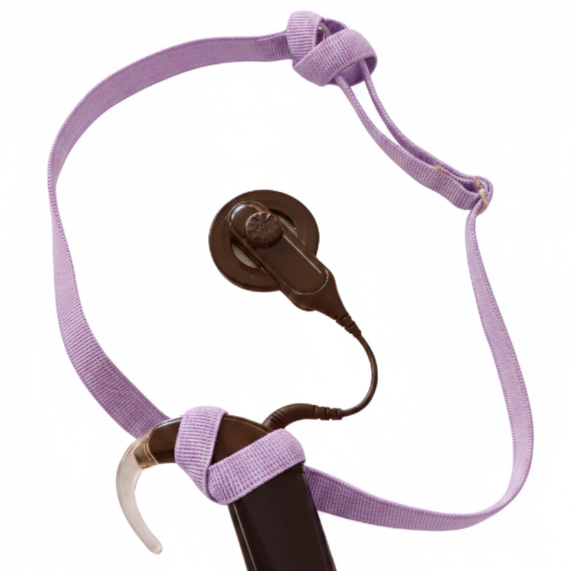 A purple 10mm wide silicone lined headband for a cochlear implant hearing aid
