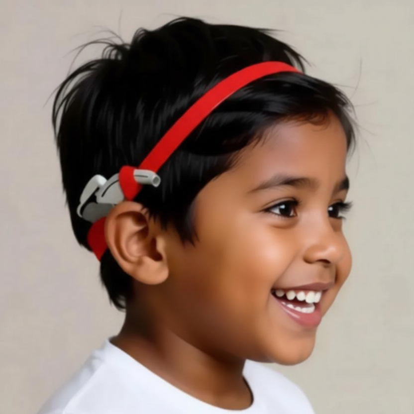 A young child wearing a red cochlear implant headband, hearing aid headband, shown in a close-up side profile against a plain light beige background.