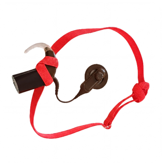 A red hearing aid headband cochlear implant headband, shown on a plain white background.
