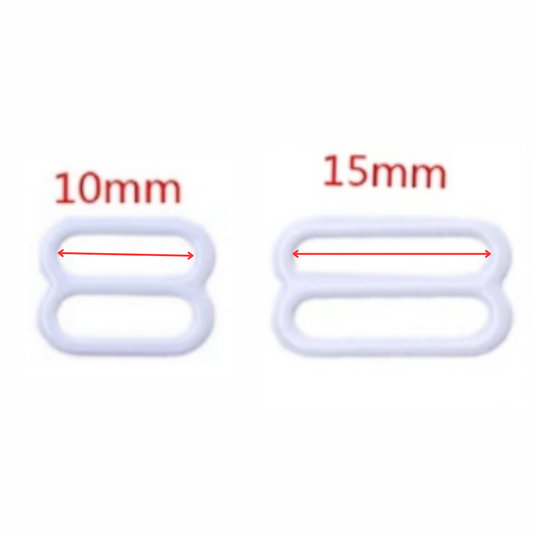 Two clear tri-slide adjusters with measurements labeled '10mm' and '15mm' on a white background.